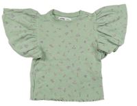 Olivové bodkovaná é rebrované crop tričko s kvietkami a volánikmi sinsay