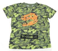 Kaki-zelené army melírované tričko s T-Rexem z překlápěcích flitrů Y.F.K.