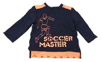 Tmavomodro-křiklavě oranžové mikinotriko s fotbalistou a loptami a kopačkami Topolino