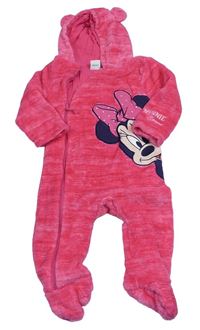 Tmavorůžová melírovaná chlupatá podšitá kombínéza s Minnie a kapucňou zn. Disney