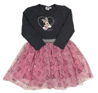 Antracitovo-růžové bavlněno/tylové šaty s Minnie Disney