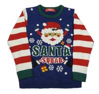 Tmavomodro-červeno-biely sveter so Santou a pruhy na rukávech