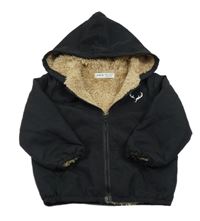 Černá šusťáková zateplená bunda s potiskem a kapucí Shein