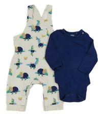 2set - Smetanové prošívané laclové tepláky s dinosaury + tmavomodré body M&S