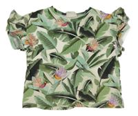 Krémovo-zelené tričko s listami a kolibříky H&M