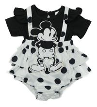 Černo-bílý kraťasový overal s Mickeym a puntíky