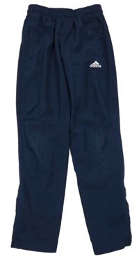 Tmavomodré šusťákové podšité funkční kalhoty s logem Adidas