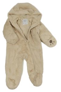 Béžová kožušinová podšitá kombinéza s kapucí - medvedík Primark