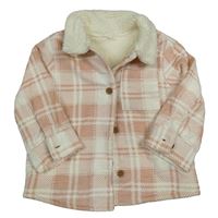 Svetloružová -biela kockovaná zateplená košeľová bunda Tu