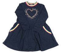 Tmavomodré teplákové šaty s barevným lemem a srdcem 