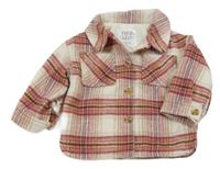 Růžovo-smetanová kostkovaná vlněná podšitá košilová bunda F&F