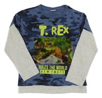 Modré vzorované tričko s dinem a sivymi rukávy Kiki&Koko