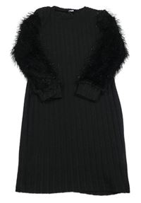 Čierne rebrované úpletové šaty s chlpatymi trblietavymi rukávy Shein