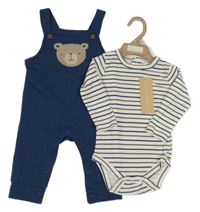 Nové - 2 set - tmavomodré laclové tepláky s medvědem + bílo-modré pruhované body