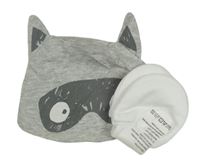 2set - Sivá melírovaná bavlnená čapica s maskou + bílé rukavičky