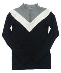 Čierno-sivo-biely rebrovaný sveter so zipsom Primark