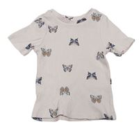 Pudrové rebrované tričko s motýly