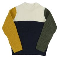 Bílo-tmavomodro-hořčicovo-zelený svetr Primark
