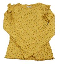 Hořčicové květované žebrované triko s volánky Matalan