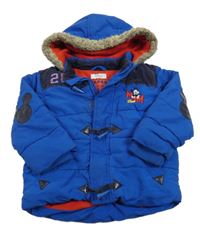 Modrá šušťáková zimná bunda s Mickeym a kapucňou s kožešinou Disney