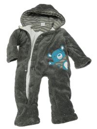 Sivá melírovaná plyšová zateplená kombinéza s medvedíkom a kapucňou