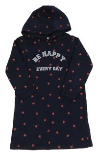 Tmavomodré teplákové šaty so srdiečkami a nápisom a kapucňou Vertbaudet