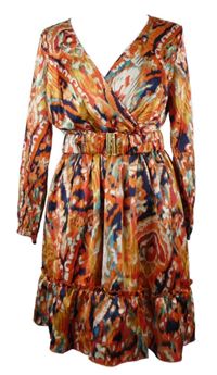 Dámské barevné vzorované saténové šaty s páskem Mottele