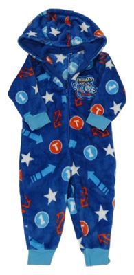 Modrá chlupatá kombinéza s mašinou Tomáš a kapucí Mothercare