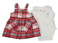 Nové - 2 Set - Červeno-bílé kostkované vlněné laclové šaty + Bílé body s volánem Fred&Flo