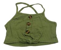 Khaki rebrovaný crop top s gombíkmi Shein