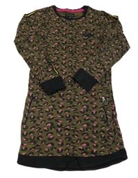 Kaki-čierno-ružové vzorované teplákové šaty s nápisom