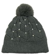 Tmavošedá pletená čepice s perličkami a bambulí 
