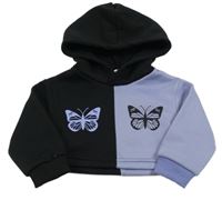 Lila-čierna crop mikina s motýly a kapucňou Shein