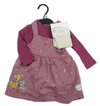 Nové - 3set - Ružové kvetované na traké šaty s Bambim + body + pančuchy Disney