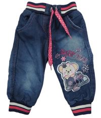 Tmavomodré zateplené cuff rifle s medvídkem a úpletovým pasem