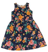 Tmavomodré květované bavlněné midi šaty H&M