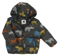 Tmavosivá šušťáková prešívaná zimná bunda so zvieratkami a kapucňou Tu