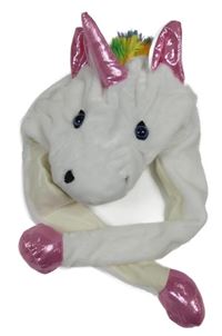 Bílá chlupatá ušanka - jednorožec 