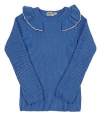 Modrý rebrovaný sveter s volánikmi Alive