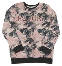 Ružovo-sivá kvetovaná mikina s nápisem z flitrů F&F