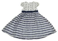 Bílo-tmavomodré pruhované šaty s puntíky Topolino