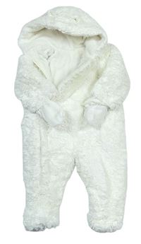 Biela chlpatá zateplená kombinéza s kapucňou s oušky + rukavice Mothercare