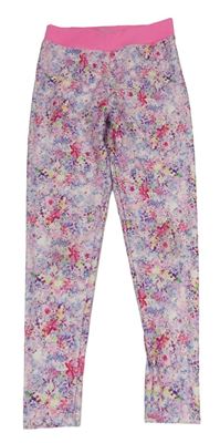 Světlerůžovo/světlemodro-fialovo-křiklavě růžové sportovní legíny s květy Matalan