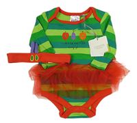 2Set - Zeleno-tmavozeleno-červené pruhované body s ovocem a tylovými volánky + čelenka Tu