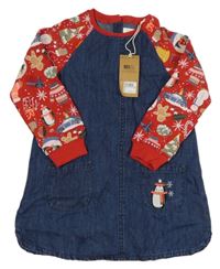 Nové - tmavomodré riflové šaty s červenými teplákovými rukávy s vánočními obrázky Next