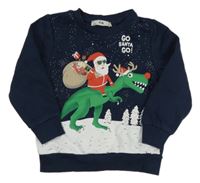 Tmavomodro-biela vianočná mikina so Santou a dinosaurom C&A