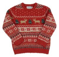 Červeno-smotanový melírovaný vzorovaný sveter s vánočními stromčekmi  a sobmi PRIMARK