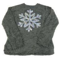 Tmavosivý chlpatý sveter s vločkou z flitrů C&A