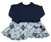 Nové - tmavomodro-modro-bílé teplákovo/lehké patchwork šaty s kytičkami St. Bernard