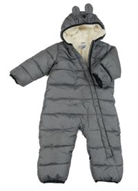 Tmavošedo melírovaná prešívaná šušťáková zimná kombinéza s kapucí - medvedík Lily & Dan